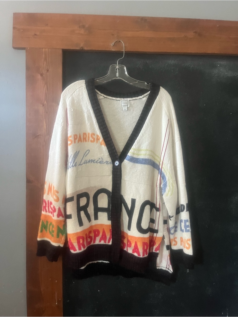 Anthropologie Maeve Cream France Graphic Knit Cardigan with Black Trim size xs - Picture 3 of 6